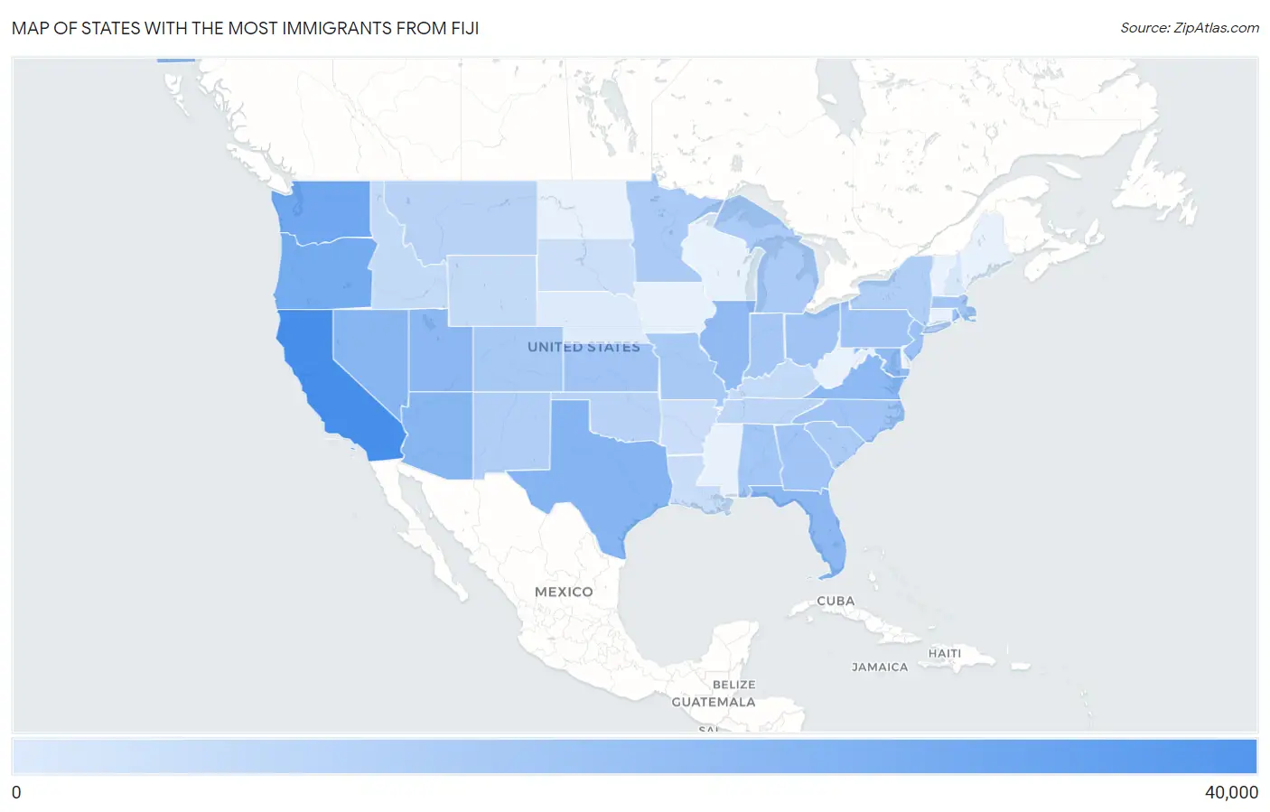 States with the Most Immigrants from Fiji in the United States Map