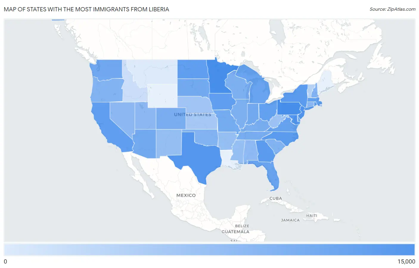 States with the Most Immigrants from Liberia in the United States Map