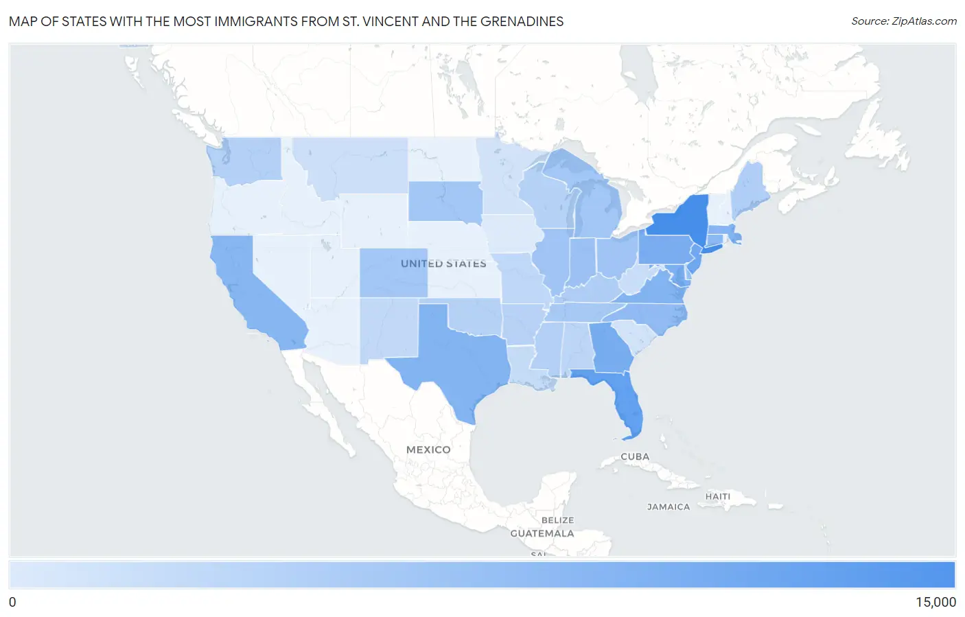 States with the Most Immigrants from St. Vincent and the Grenadines in the United States Map