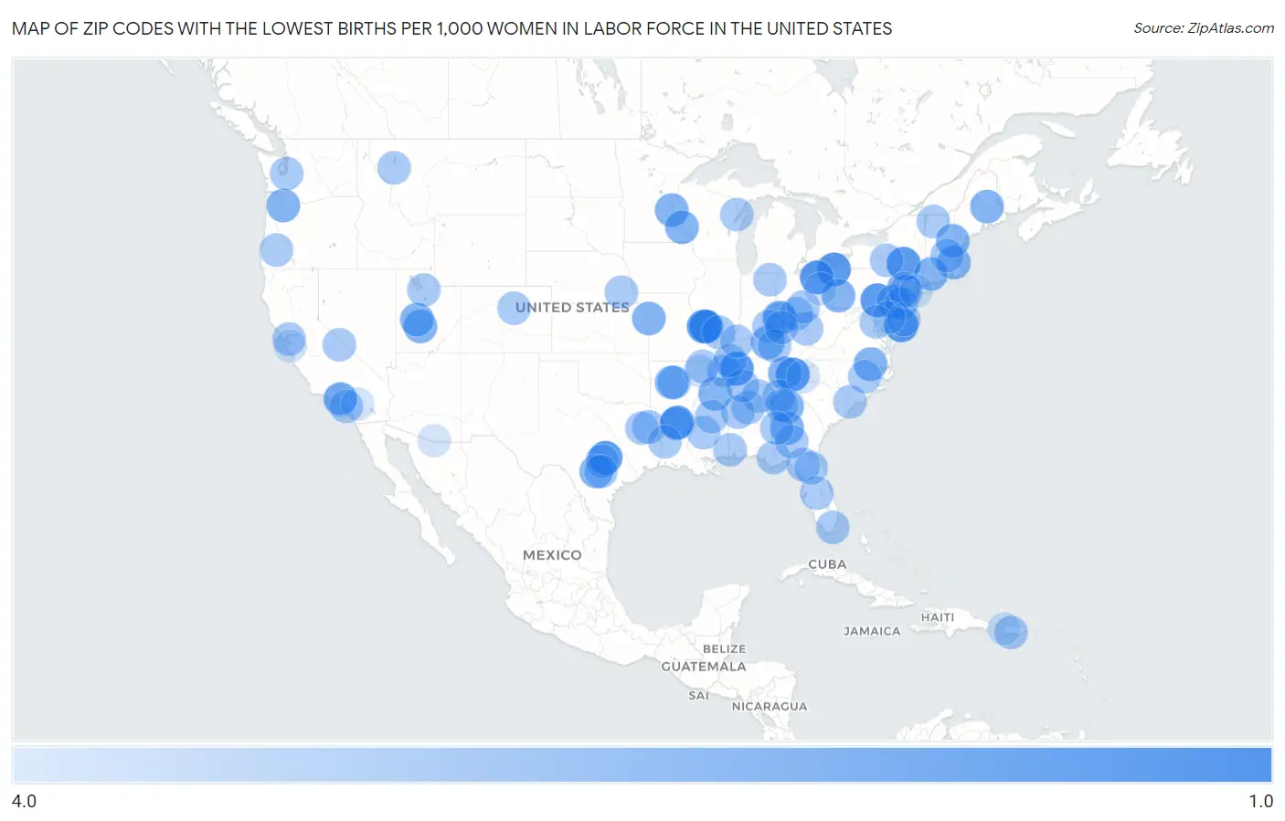 Zip Codes with the Lowest Births per 1,000 Women in Labor Force in the United States Map