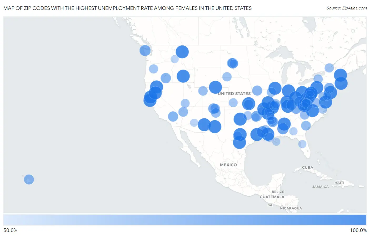 Zip Codes with the Highest Unemployment Rate Among Females in the United States Map