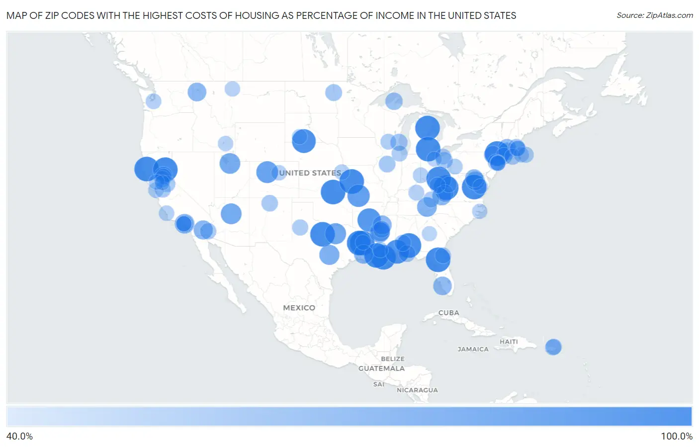 Zip Codes with the Highest Costs of Housing as Percentage of Income in the United States Map