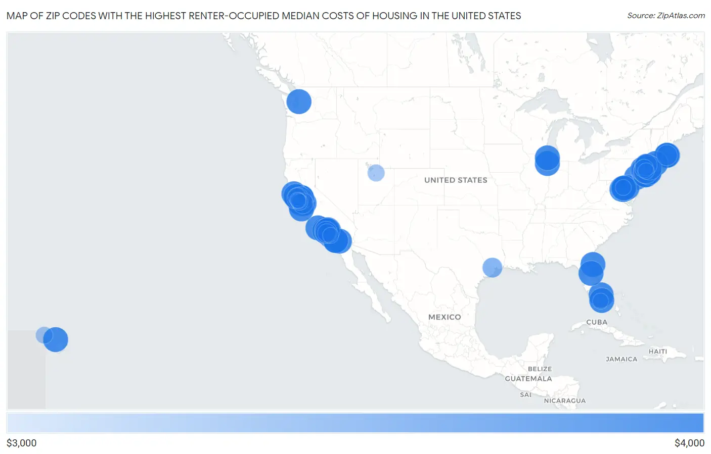 Zip Codes with the Highest Renter-Occupied Median Costs of Housing in the United States Map