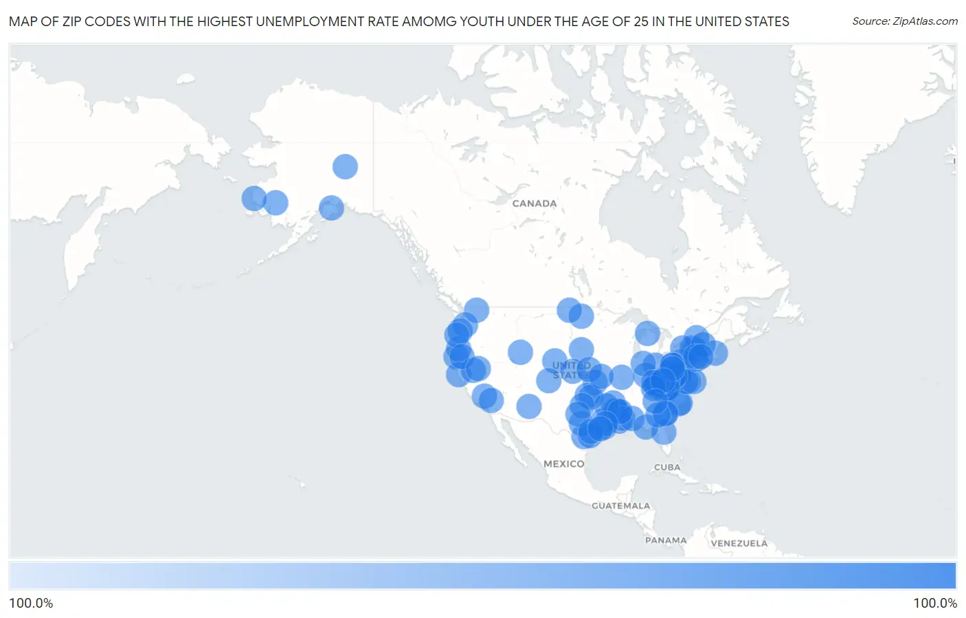 Zip Codes with the Highest Unemployment Rate Amomg Youth Under the Age of 25 in the United States Map