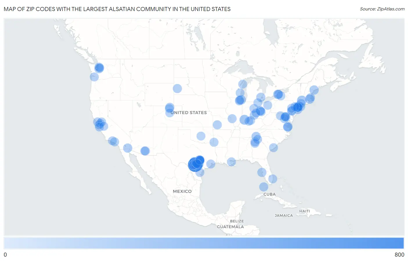 Zip Codes with the Largest Alsatian Community in the United States Map