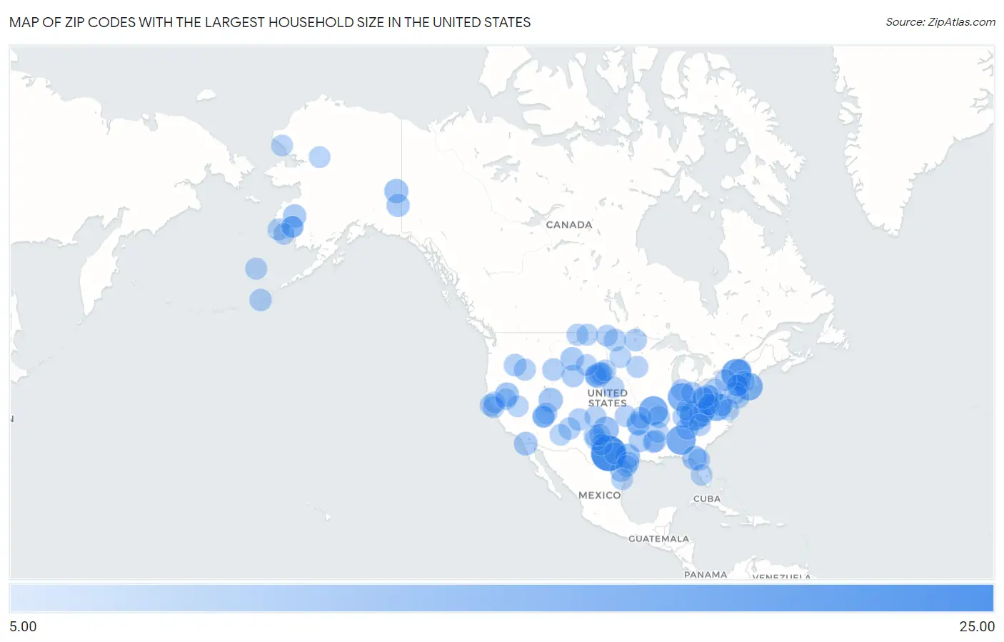 Zip Codes with the Largest Household Size in the United States Map