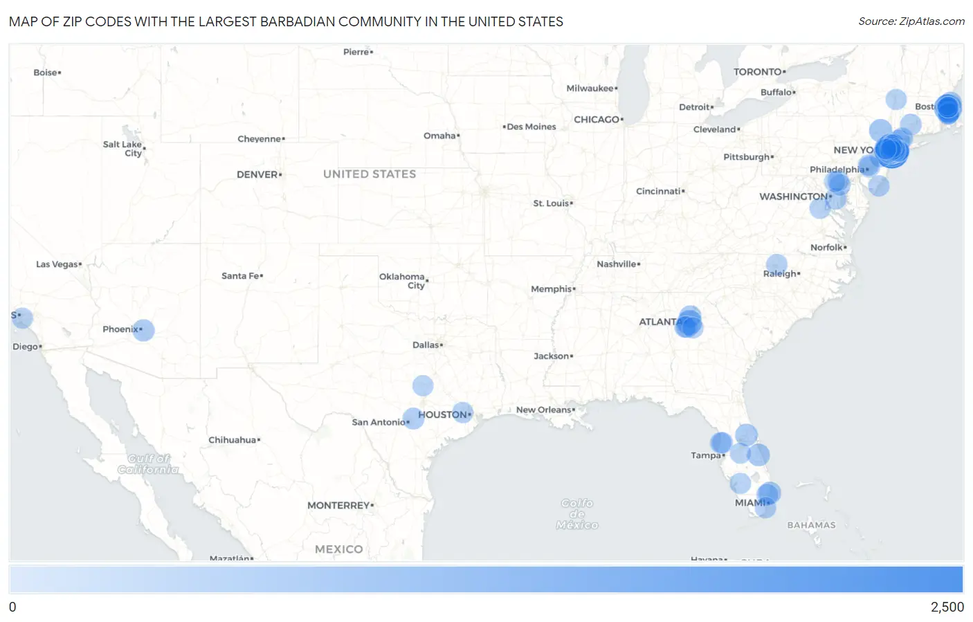 Zip Codes with the Largest Barbadian Community in the United States Map