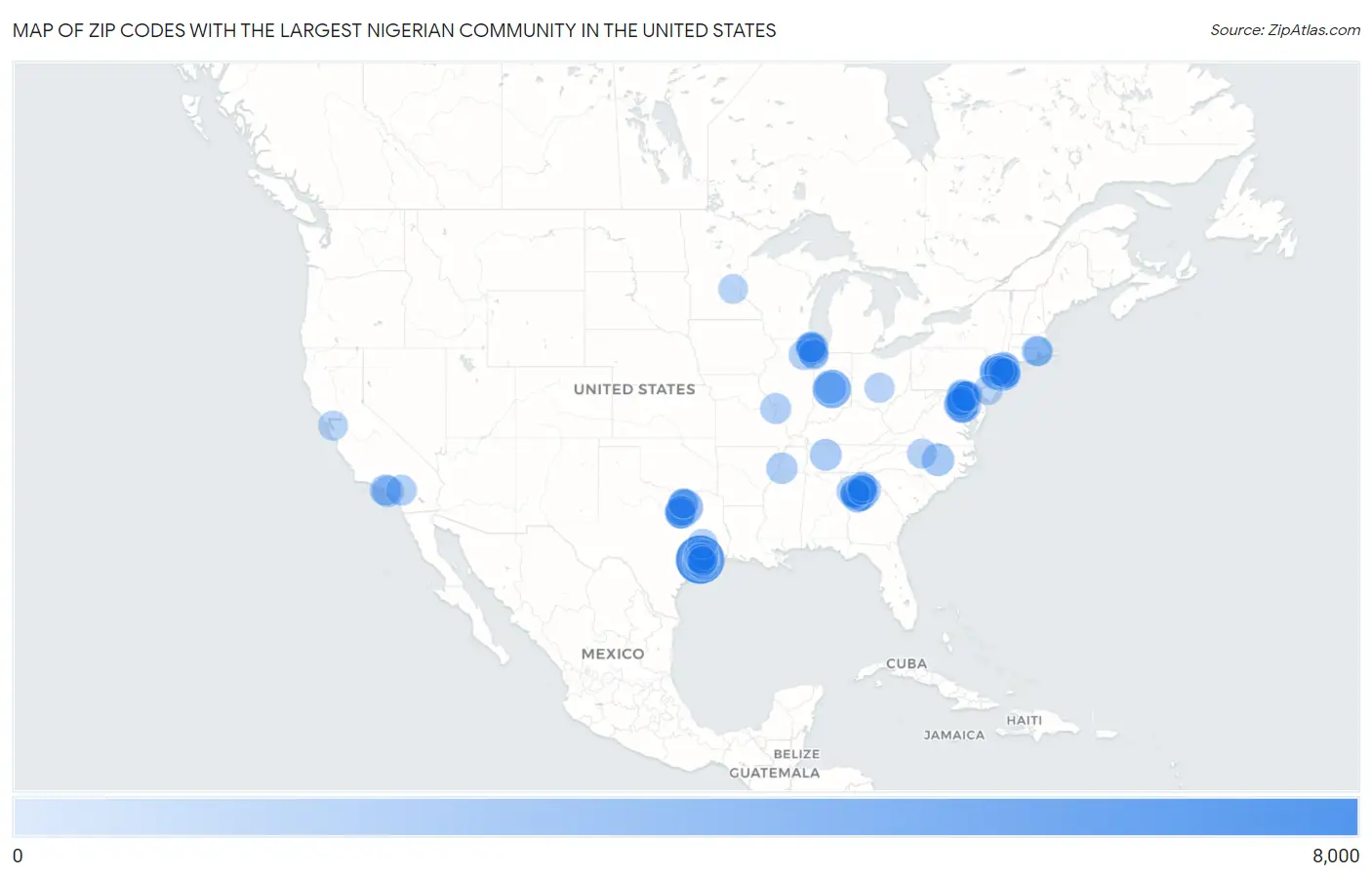 Zip Codes with the Largest Nigerian Community in the United States Map