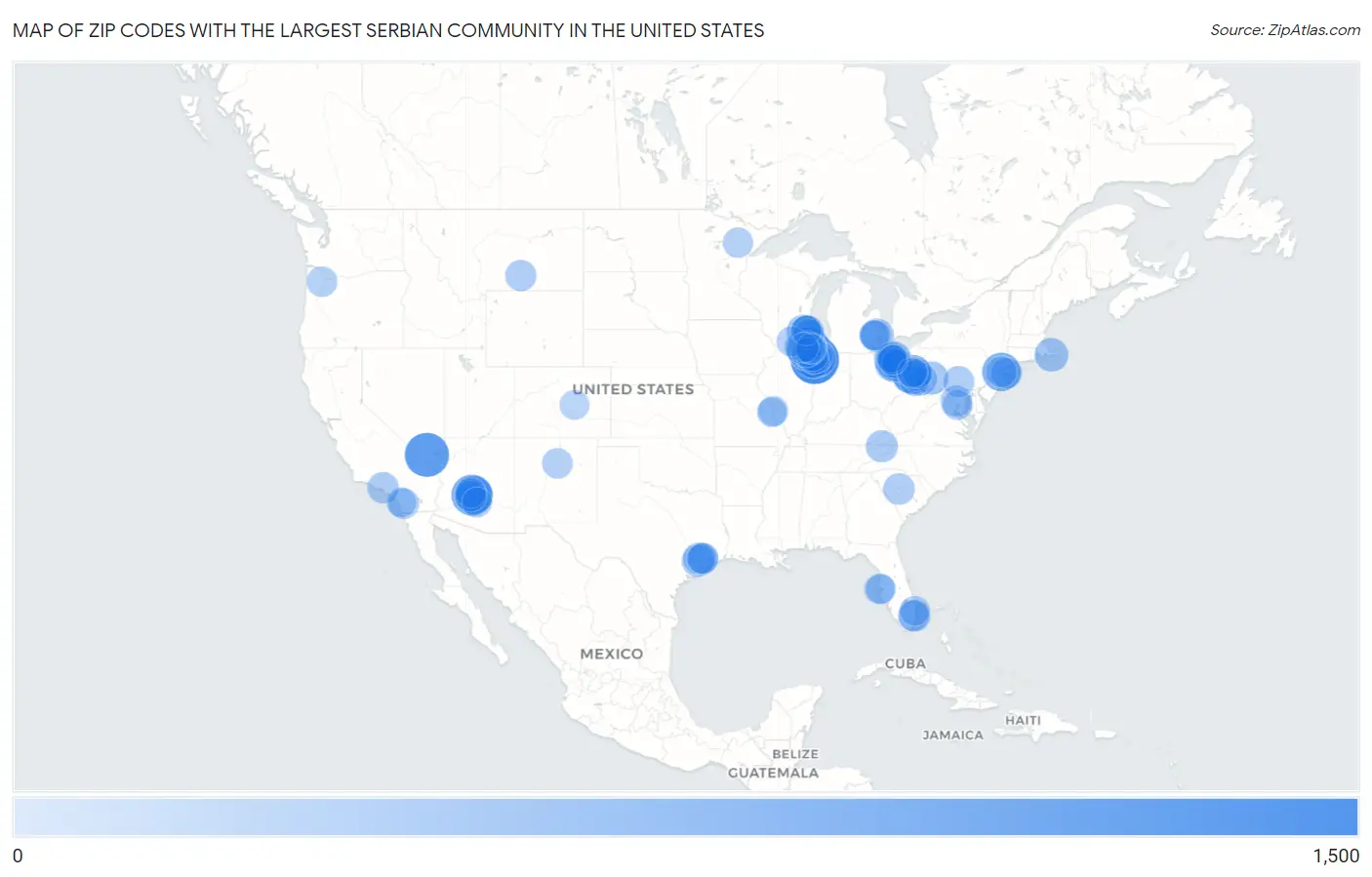 Zip Codes with the Largest Serbian Community in the United States Map