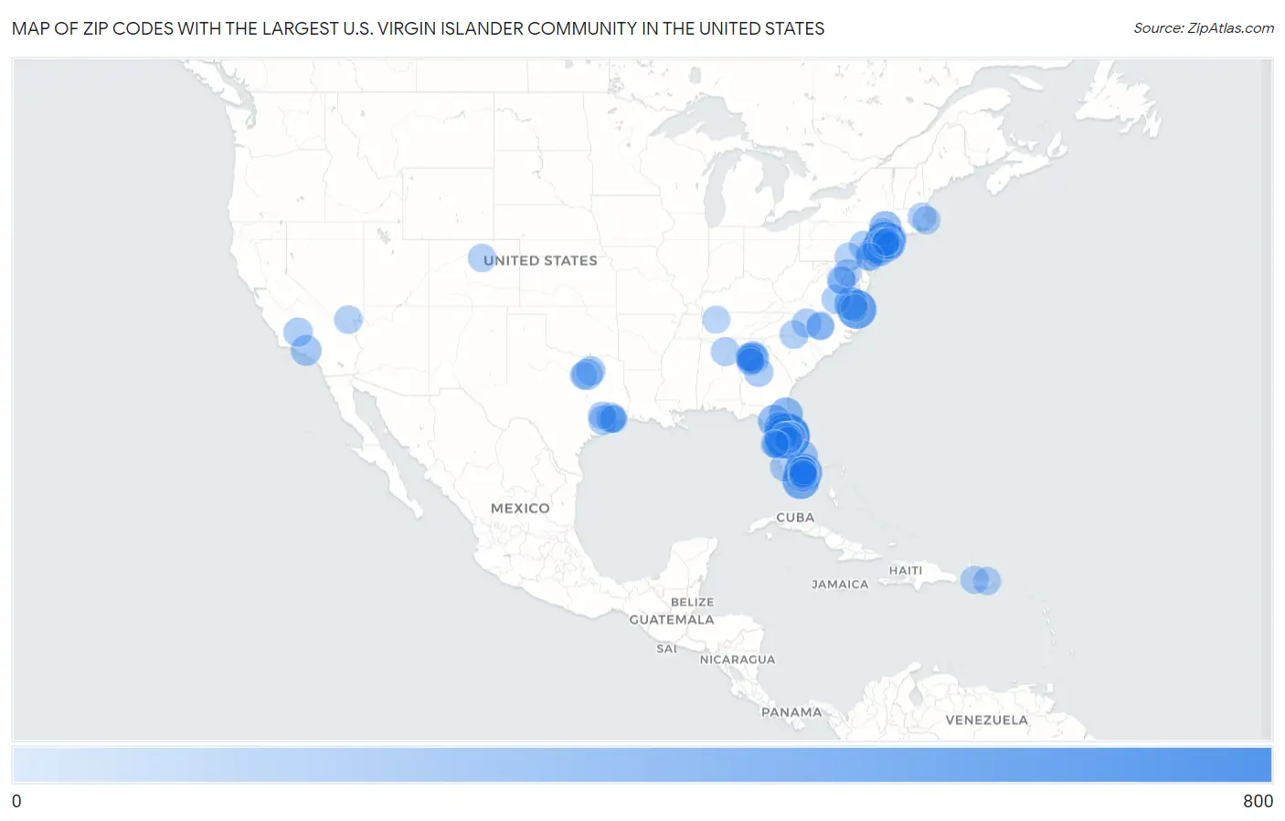 Zip Codes with the Largest U.S. Virgin Islander Community in the United States Map