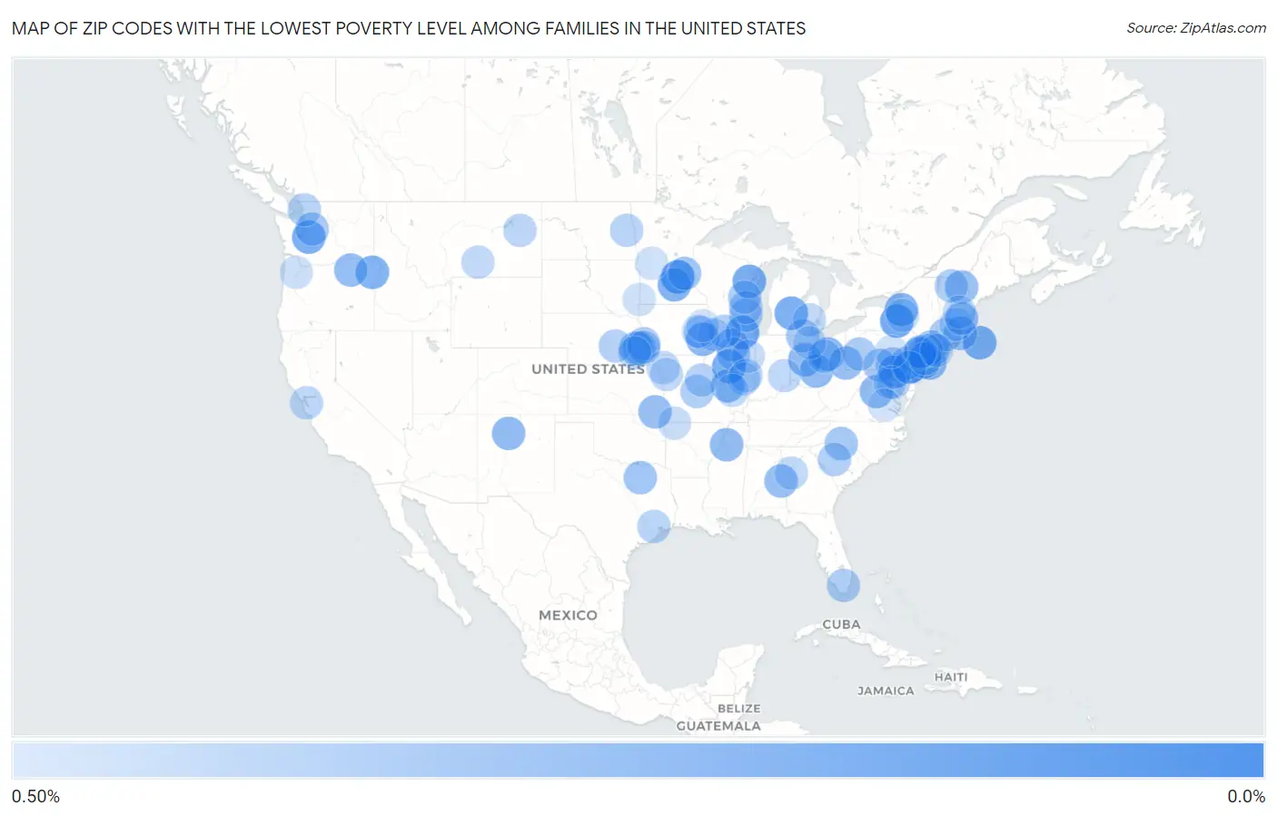 Zip Codes with the Lowest Poverty Level Among Families in the United States Map
