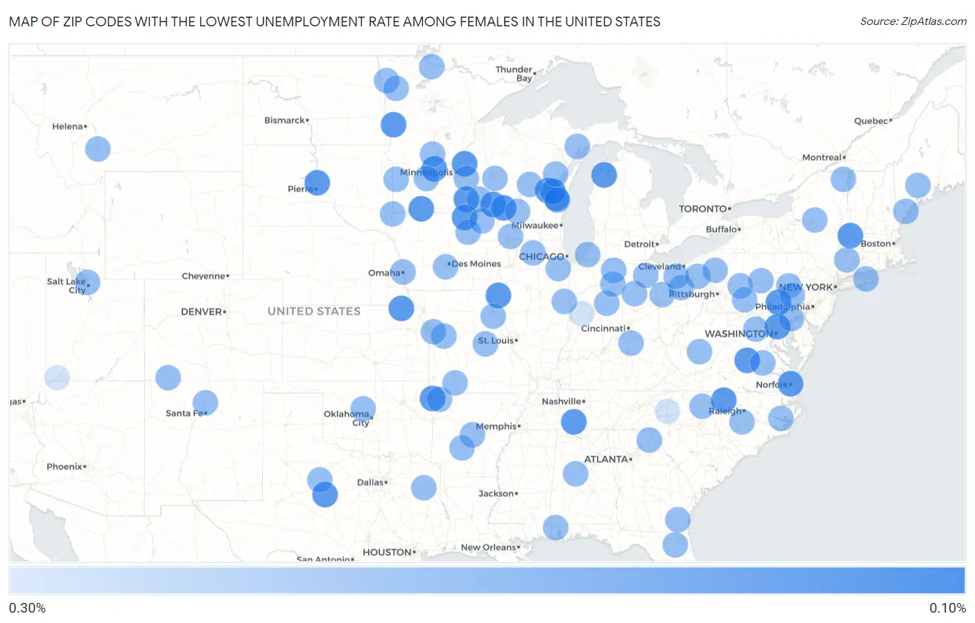Zip Codes with the Lowest Unemployment Rate Among Females in the United States Map