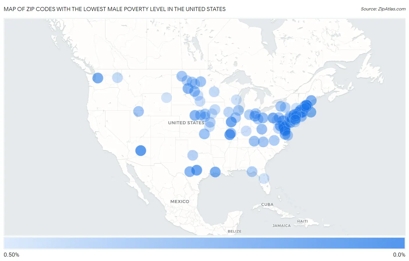 Zip Codes with the Lowest Male Poverty Level in the United States Map