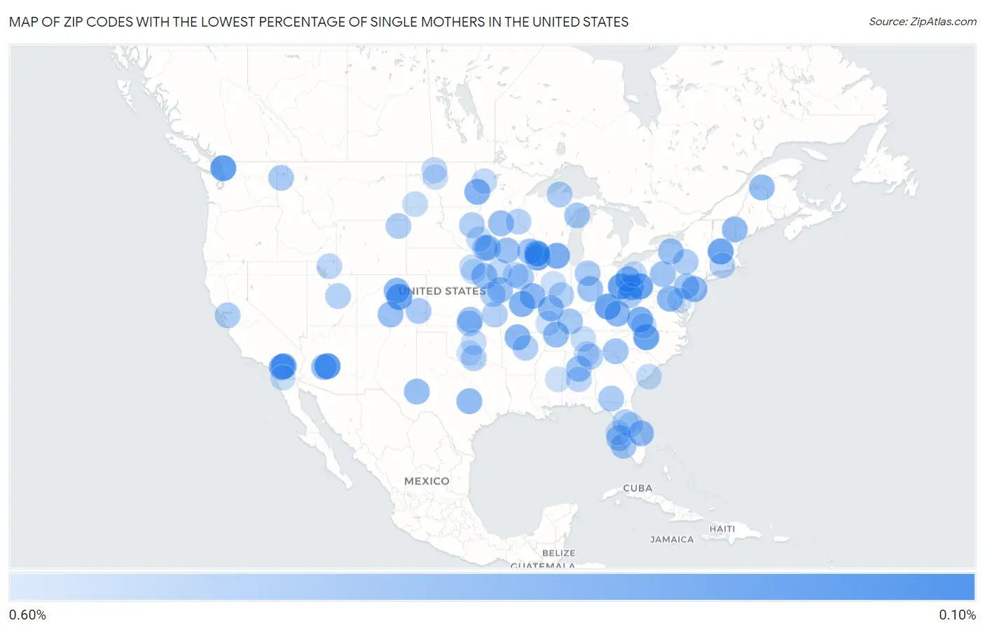 Zip Codes with the Lowest Percentage of Single Mothers in the United States Map