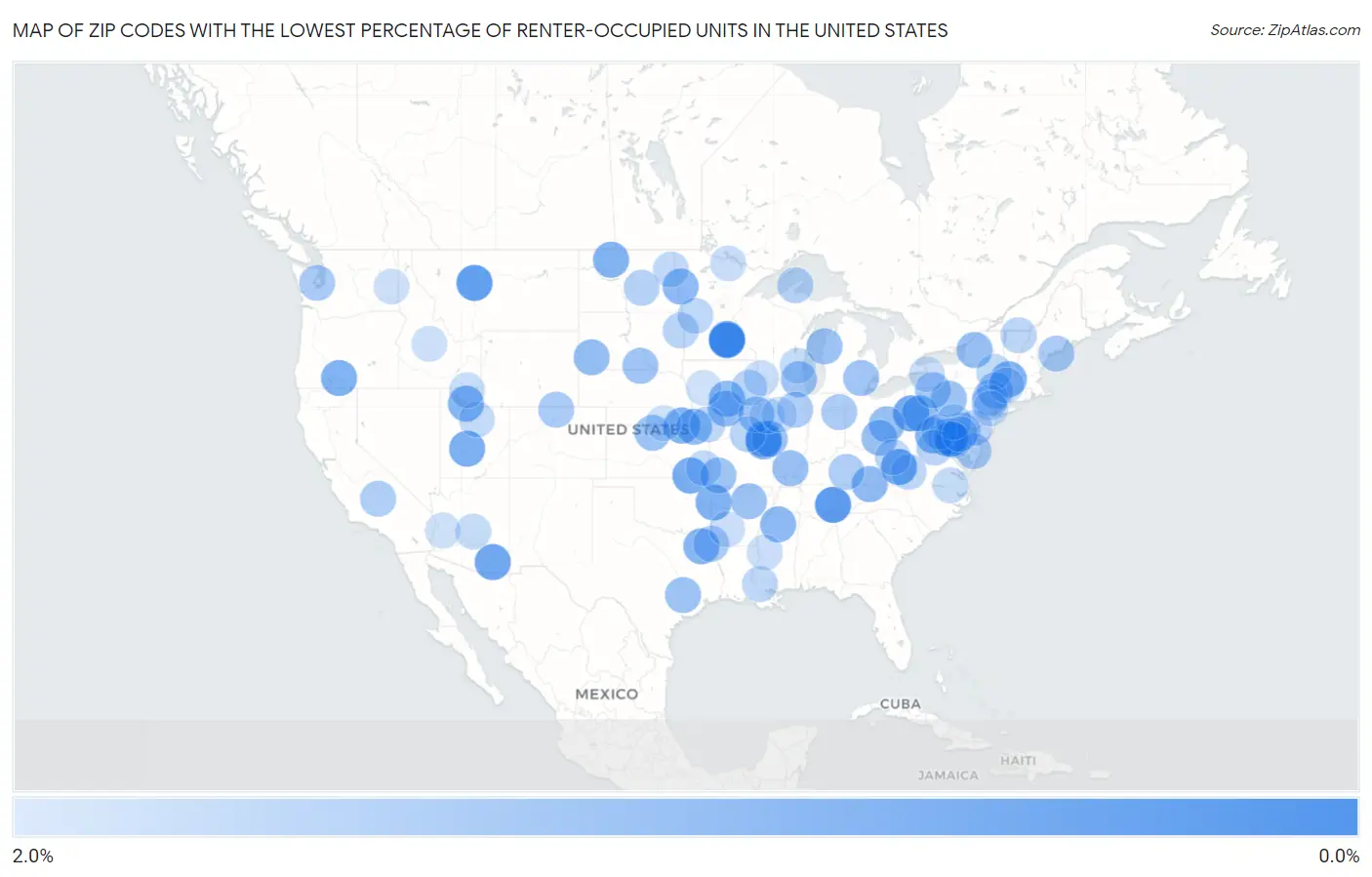 Zip Codes with the Lowest Percentage of Renter-Occupied Units in the United States Map