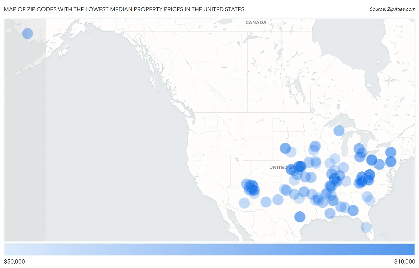 Zip Codes with the Lowest Median Property Prices in the United States Map