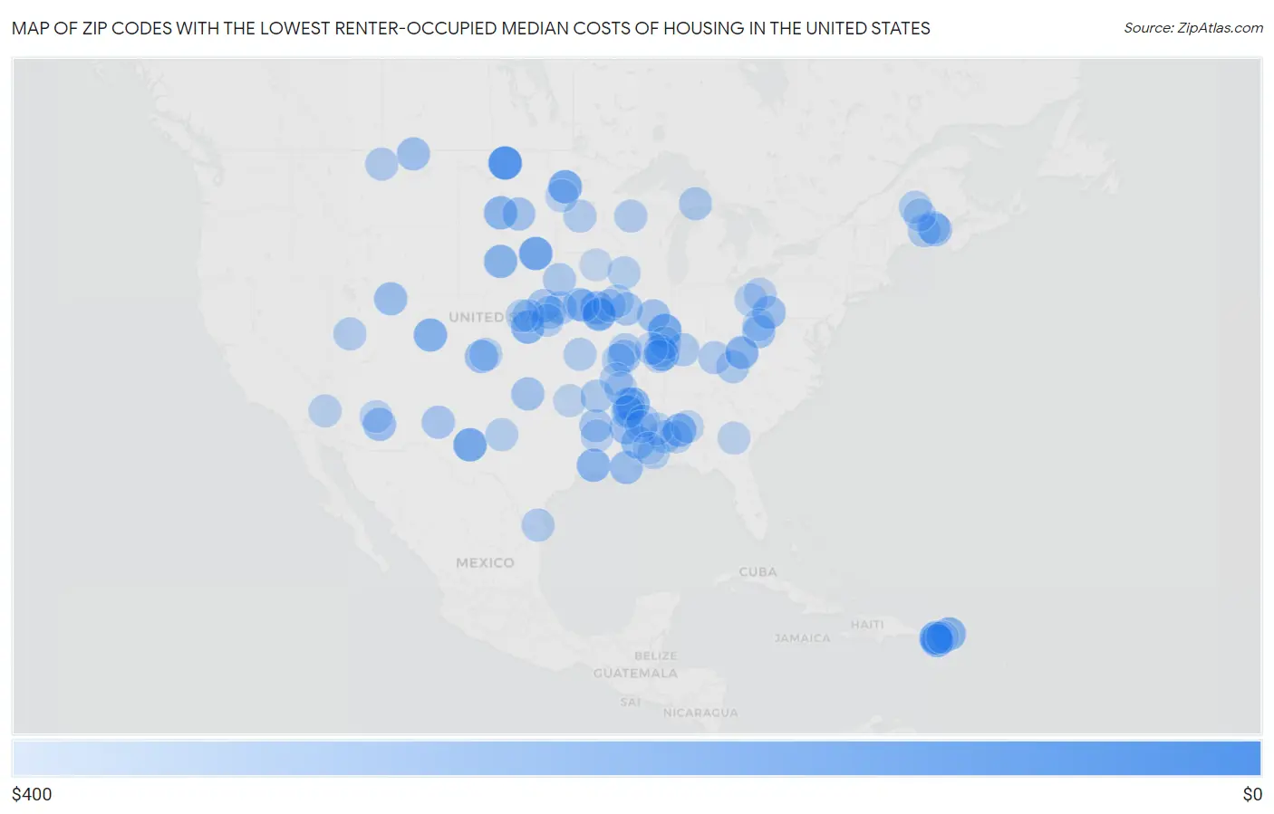 Zip Codes with the Lowest Renter-Occupied Median Costs of Housing in the United States Map