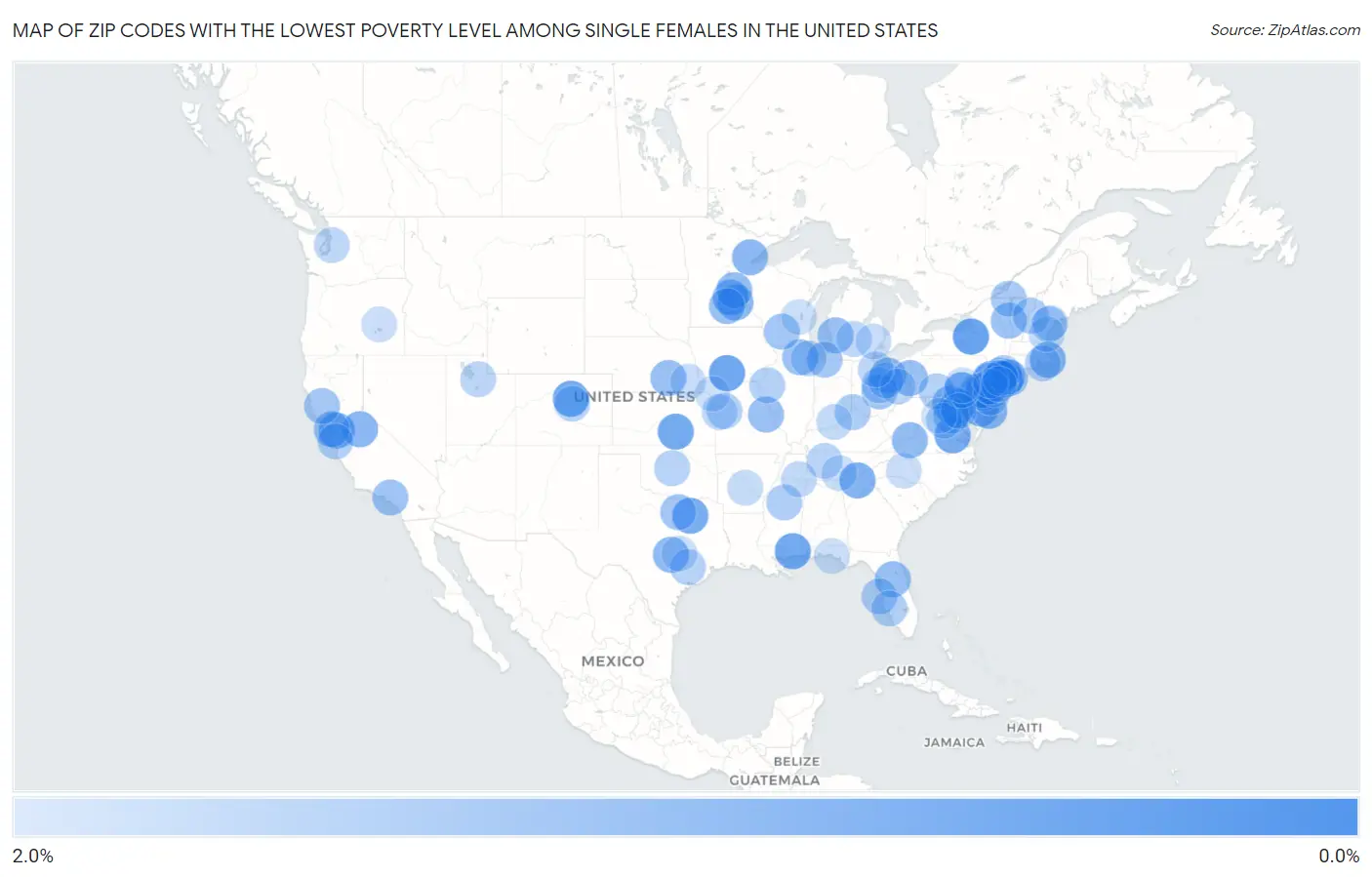 Zip Codes with the Lowest Poverty Level Among Single Females in the United States Map