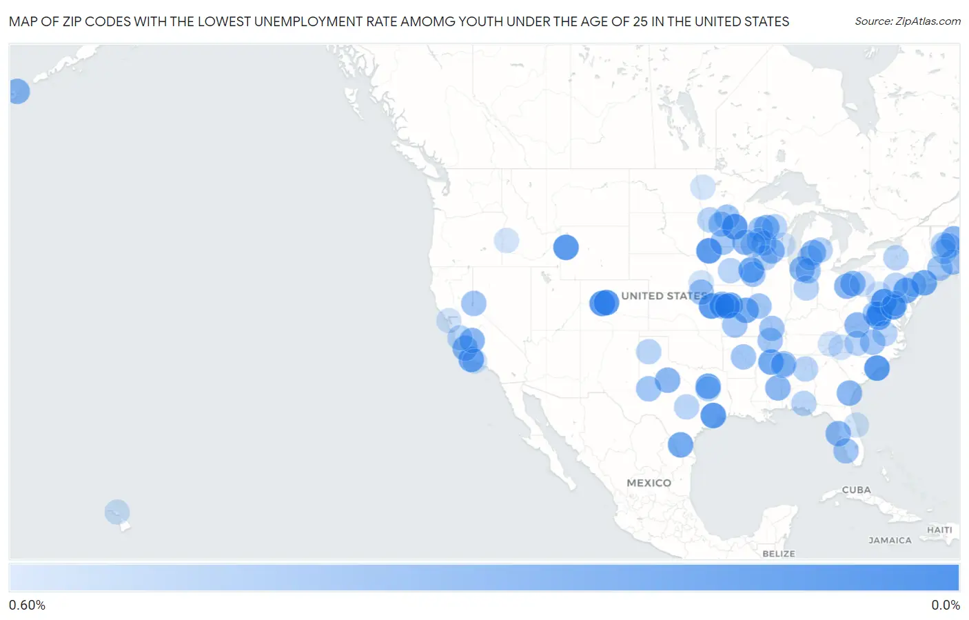 Zip Codes with the Lowest Unemployment Rate Amomg Youth Under the Age of 25 in the United States Map