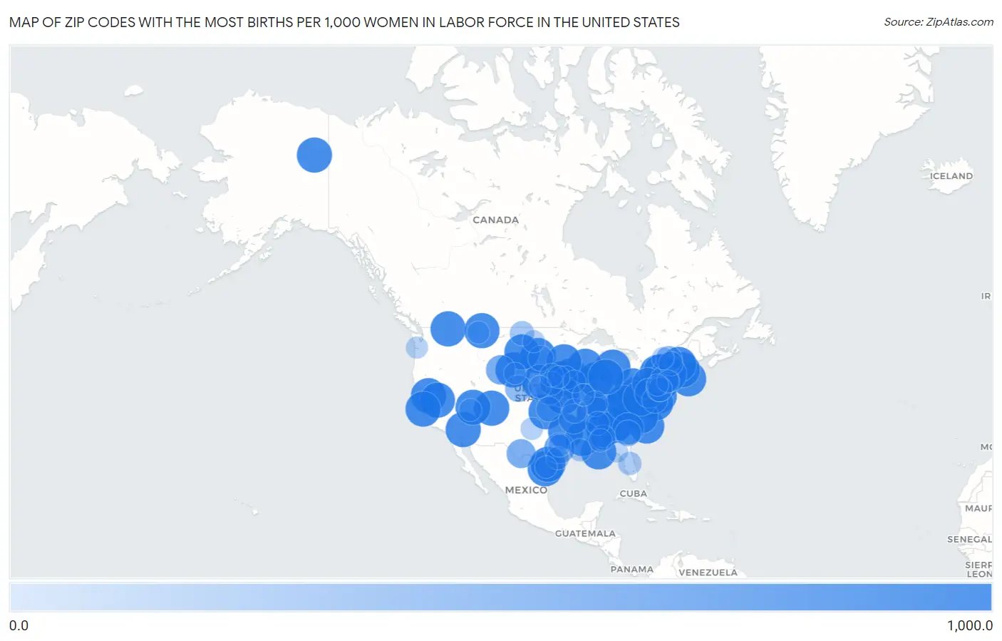Zip Codes with the Most Births per 1,000 Women in Labor Force in the United States Map