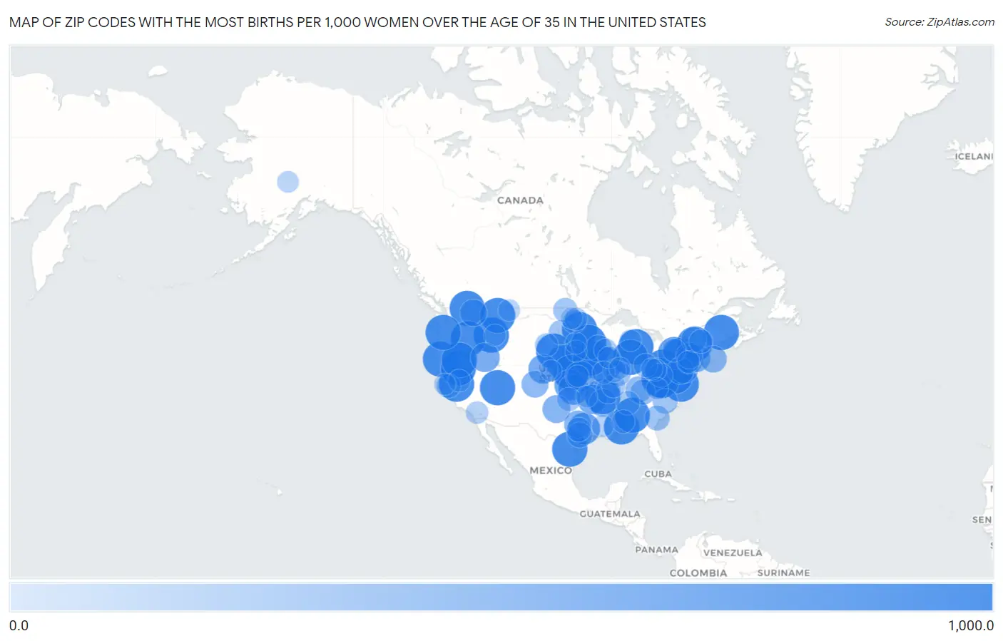 Zip Codes with the Most Births per 1,000 Women Over the Age of 35 in the United States Map