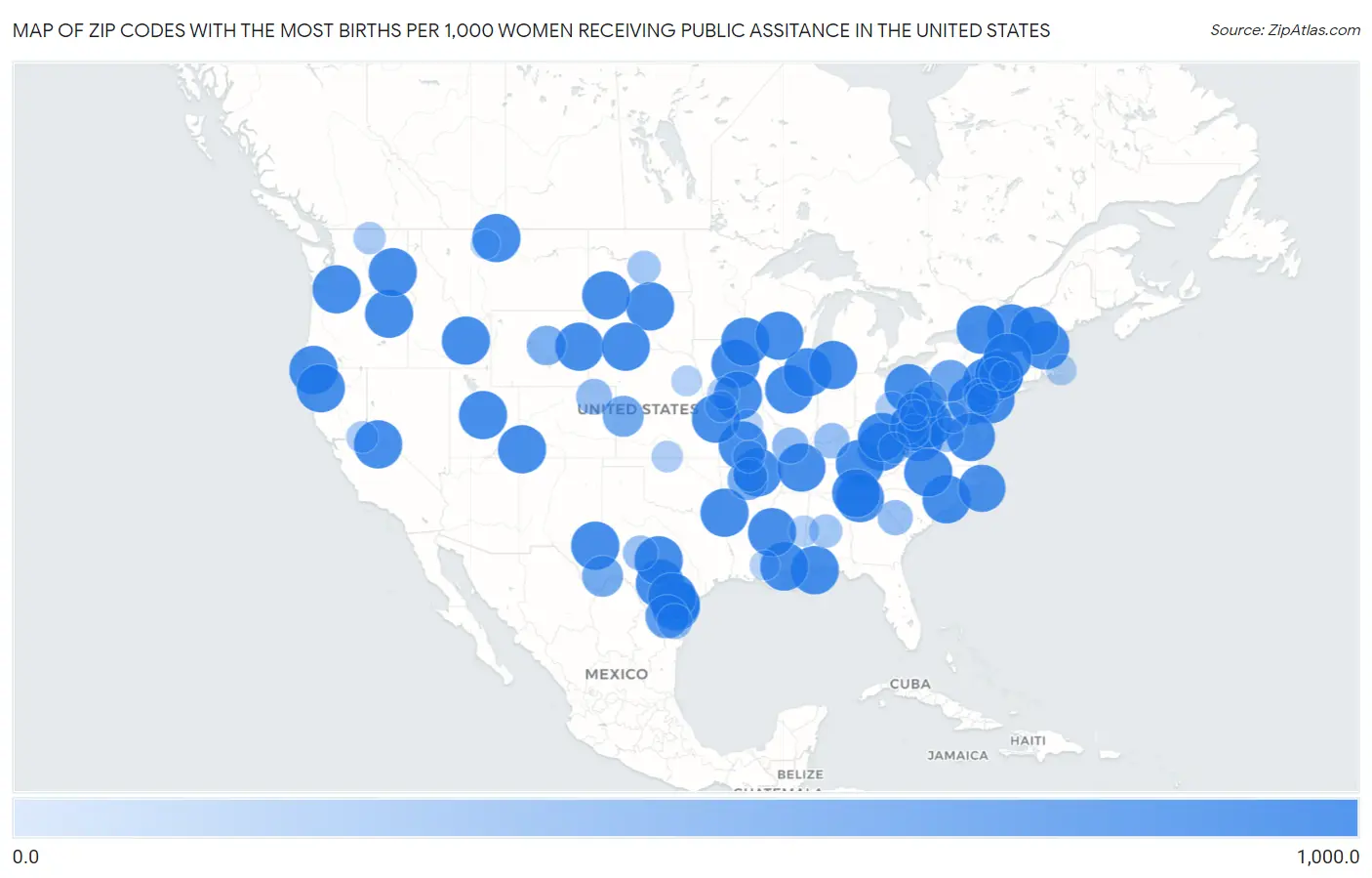 Zip Codes with the Most Births per 1,000 Women Receiving Public Assitance in the United States Map