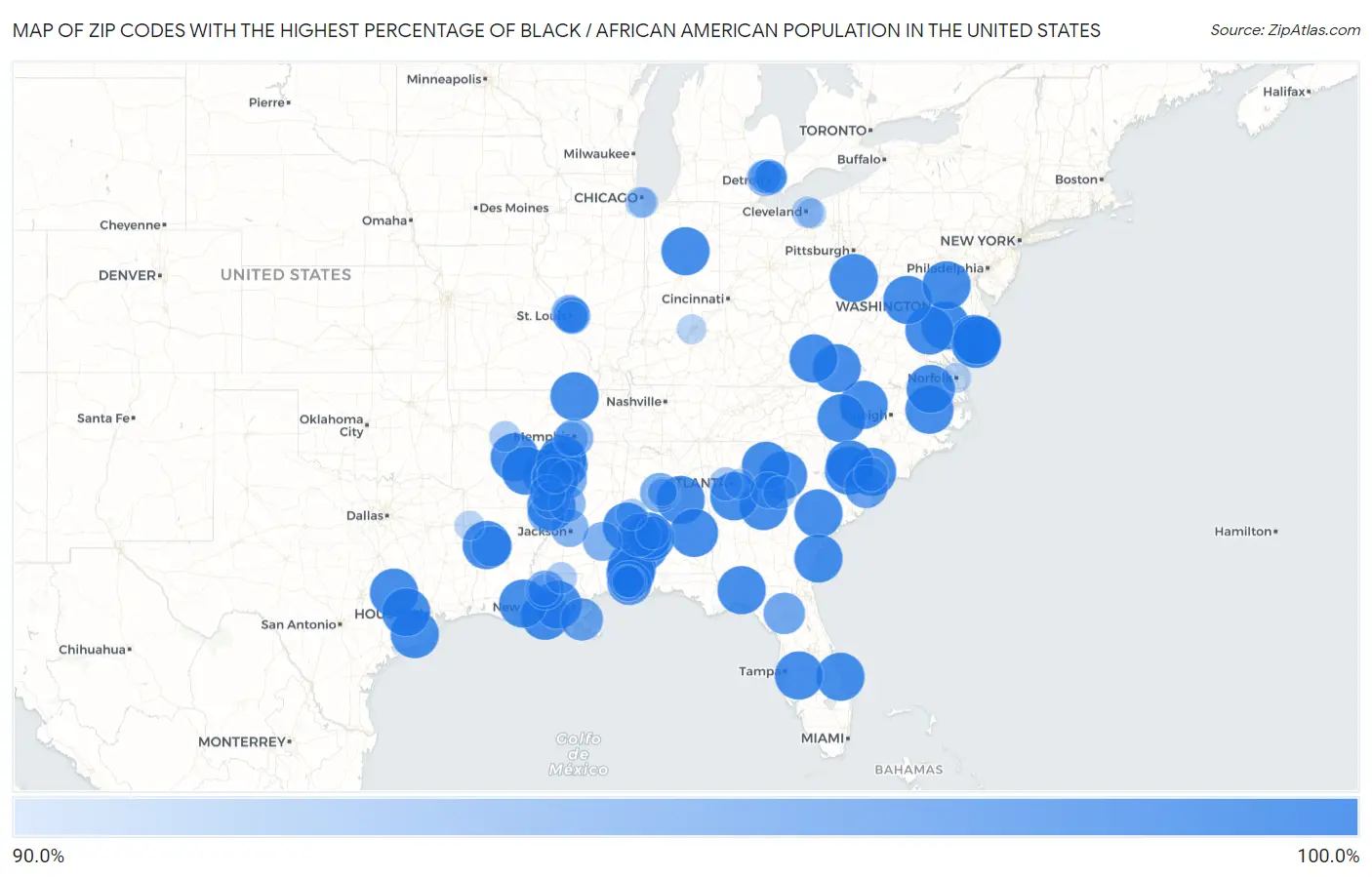 Zip Codes with the Highest Percentage of Black / African American Population in the United States Map
