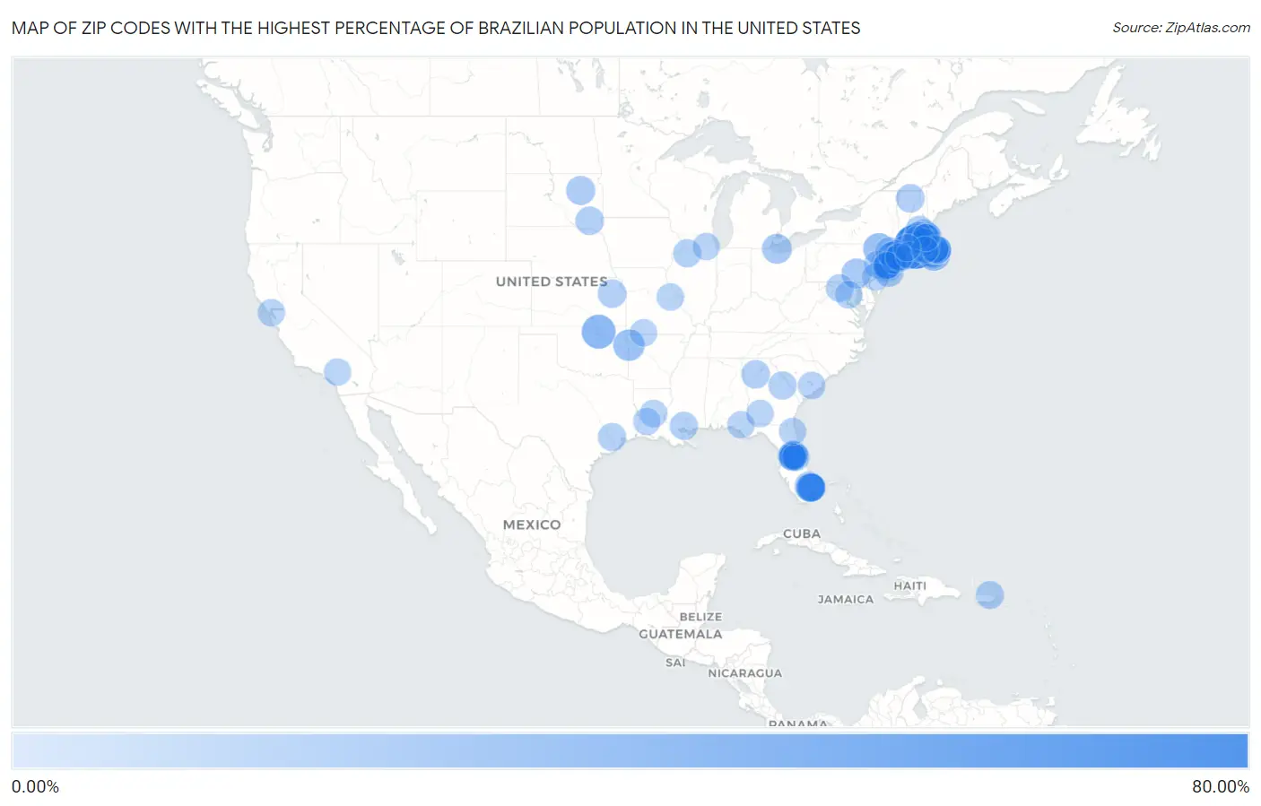 Zip Codes with the Highest Percentage of Brazilian Population in the United States Map
