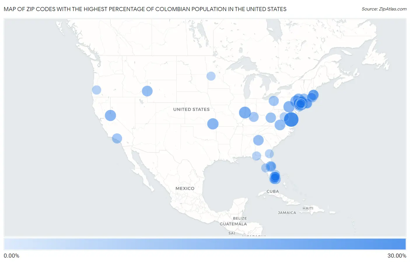 Zip Codes with the Highest Percentage of Colombian Population in the United States Map