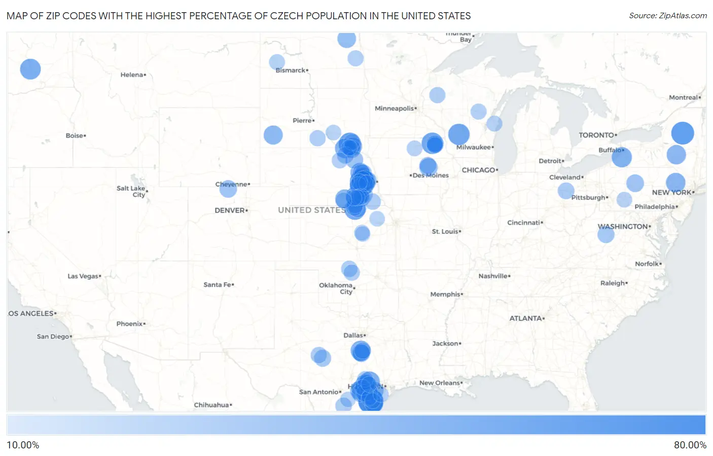 Zip Codes with the Highest Percentage of Czech Population in the United States Map