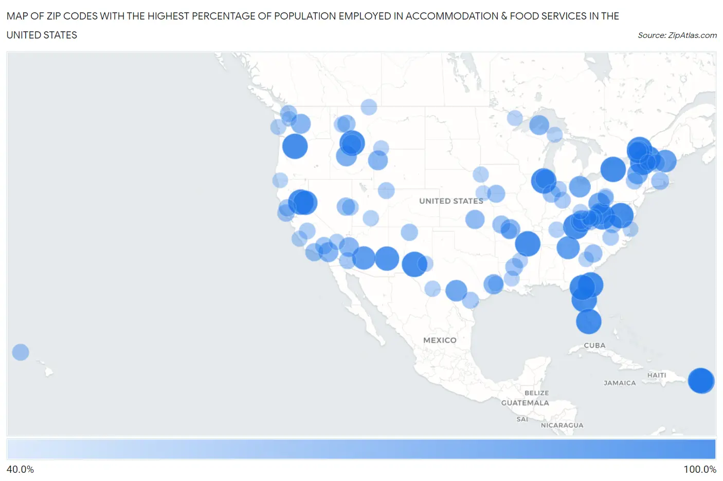 Zip Codes with the Highest Percentage of Population Employed in Accommodation & Food Services in the United States Map