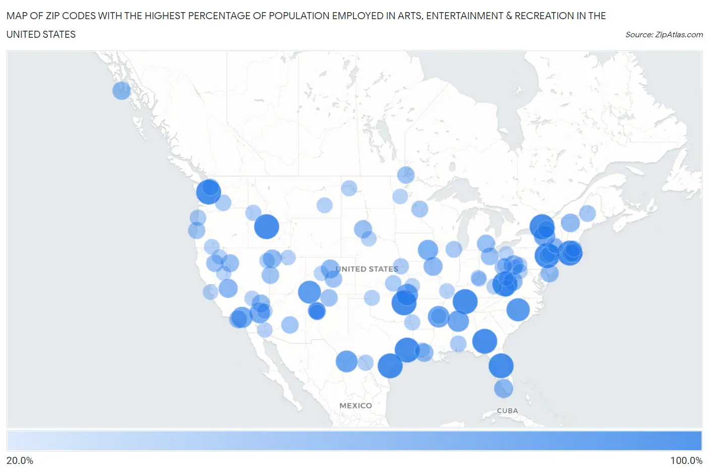 Zip Codes with the Highest Percentage of Population Employed in Arts, Entertainment & Recreation in the United States Map