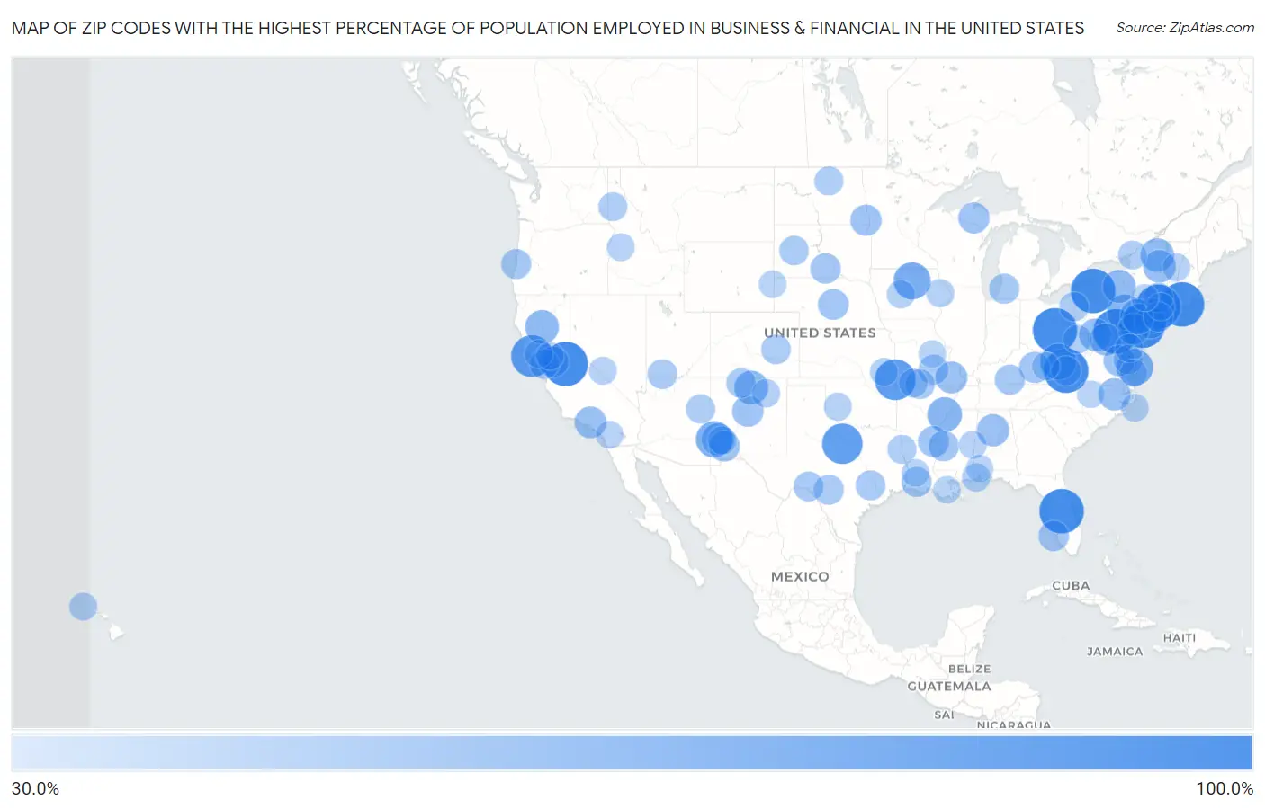 Zip Codes with the Highest Percentage of Population Employed in Business & Financial in the United States Map
