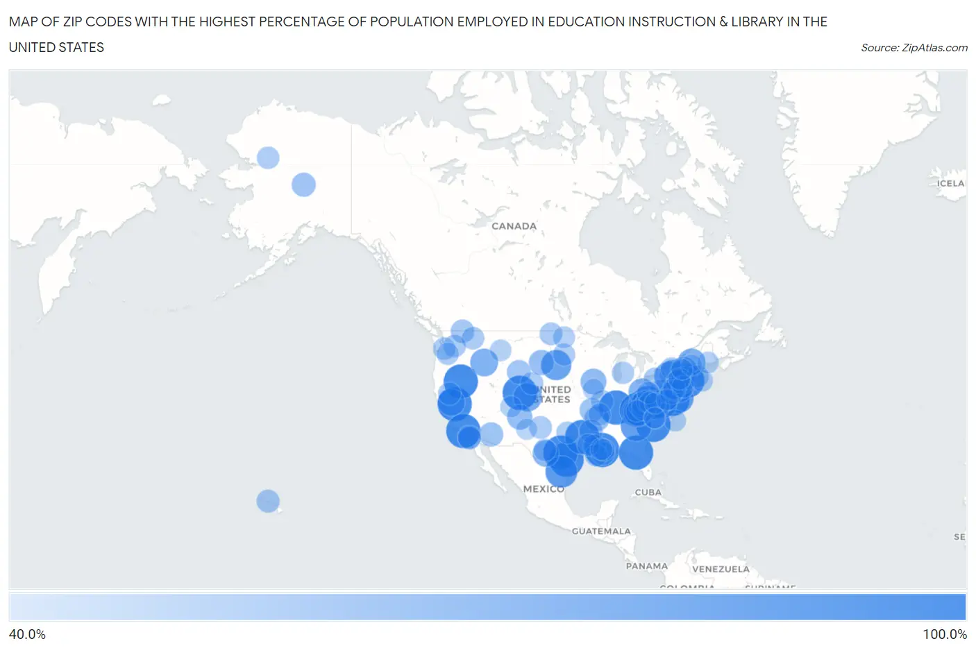 Zip Codes with the Highest Percentage of Population Employed in Education Instruction & Library in the United States Map