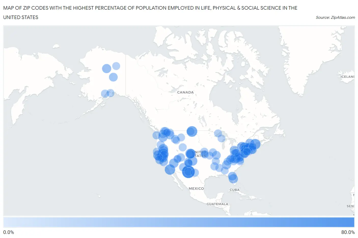 Zip Codes with the Highest Percentage of Population Employed in Life, Physical & Social Science in the United States Map