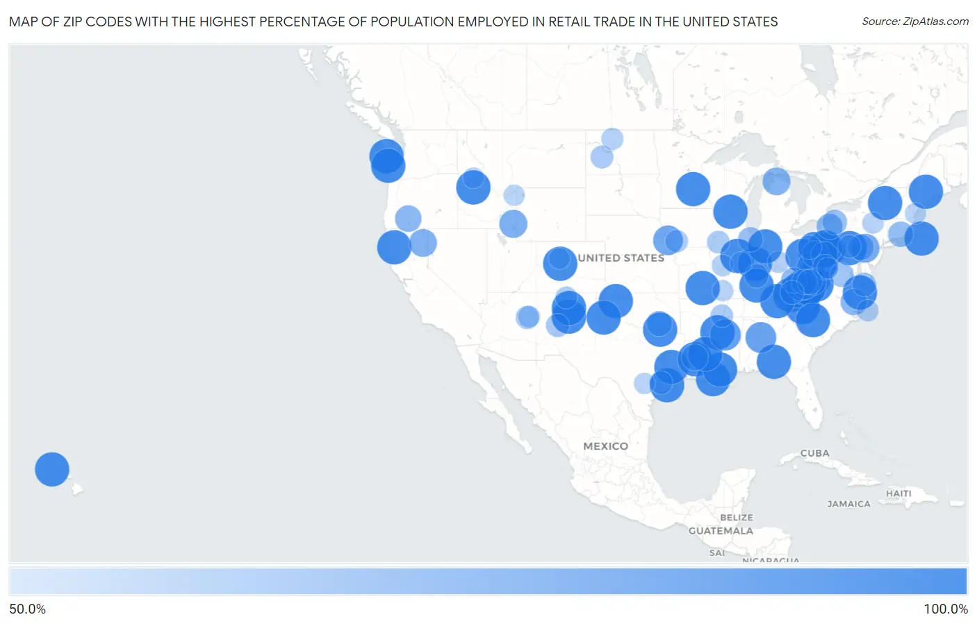 Zip Codes with the Highest Percentage of Population Employed in Retail Trade in the United States Map