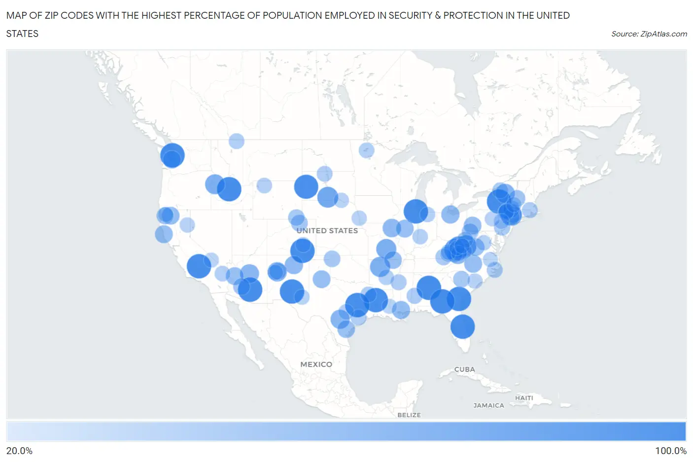 Zip Codes with the Highest Percentage of Population Employed in Security & Protection in the United States Map