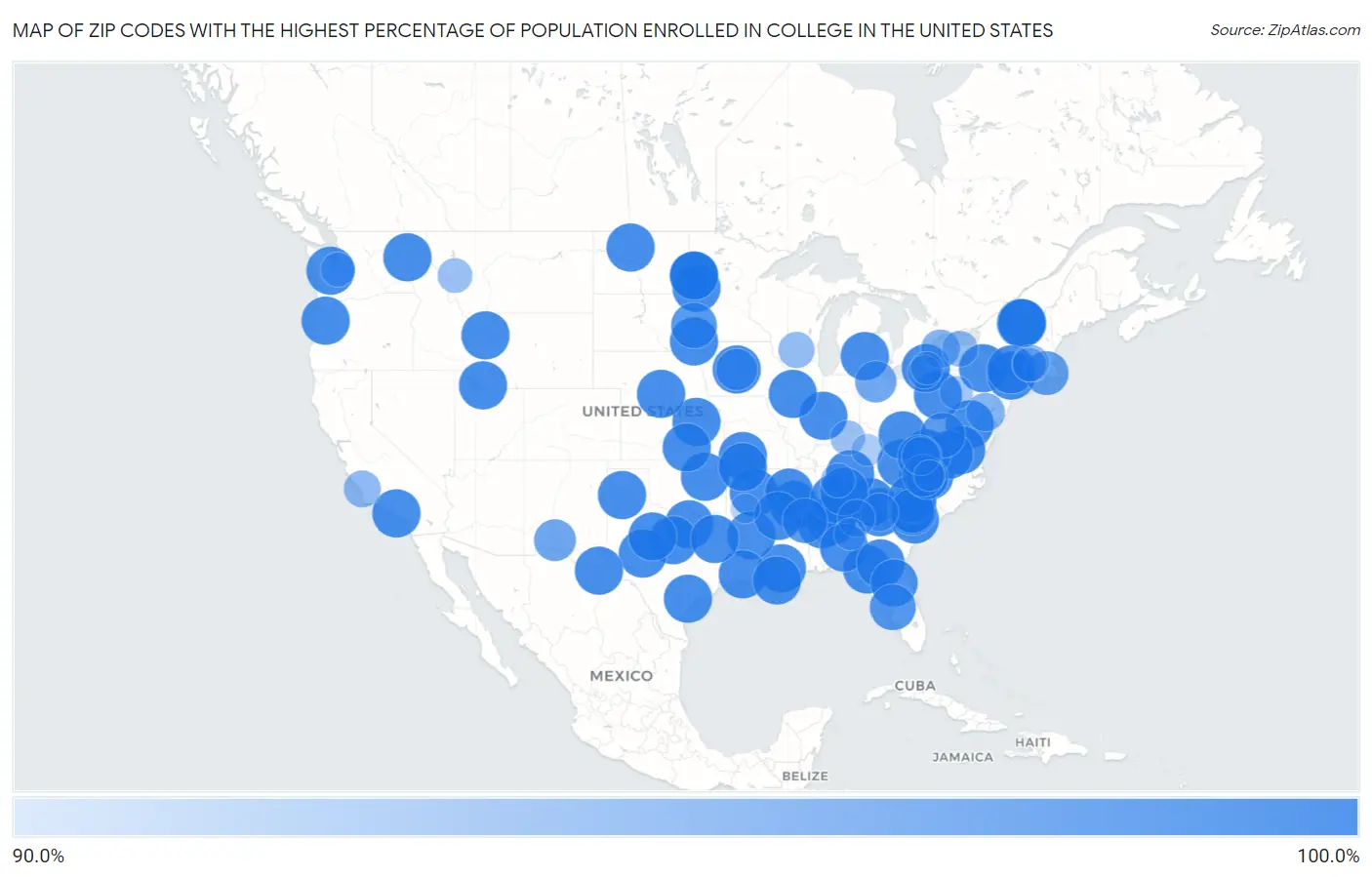 Zip Codes with the Highest Percentage of Population Enrolled in College in the United States Map