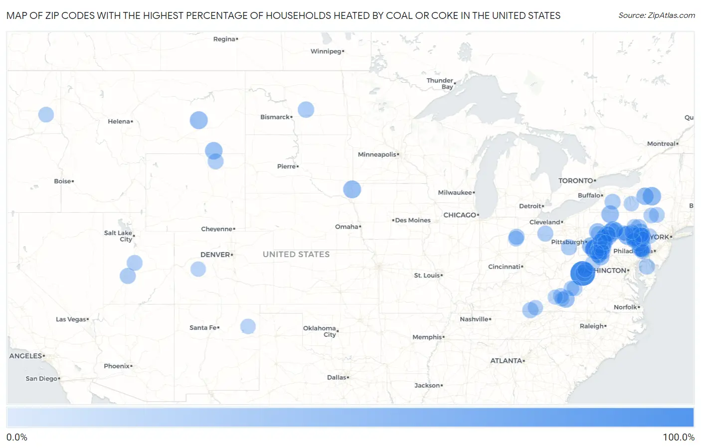 Zip Codes with the Highest Percentage of Households Heated by Coal or Coke in the United States Map