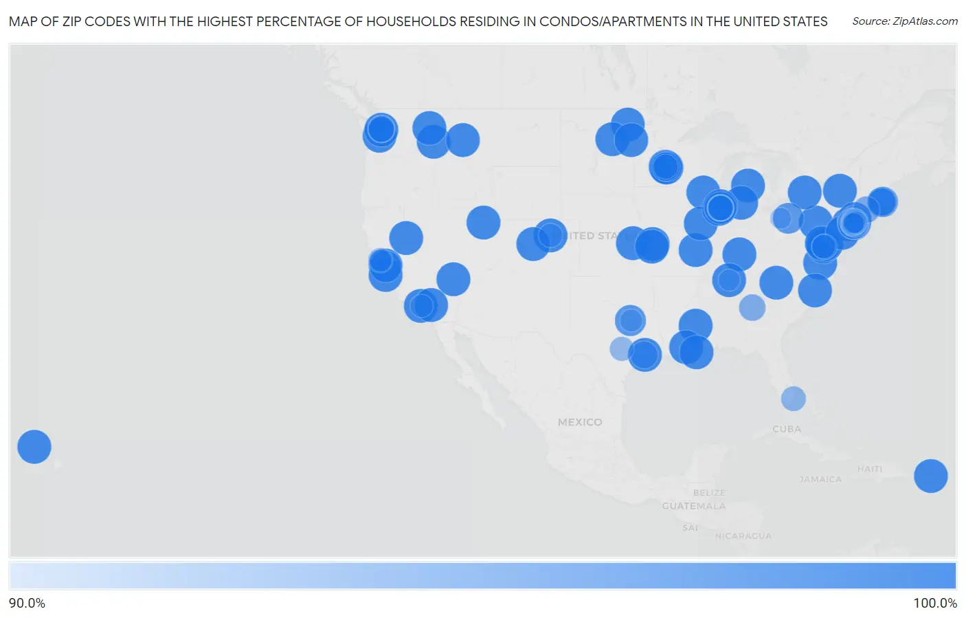 Zip Codes with the Highest Percentage of Households Residing in Condos/Apartments in the United States Map