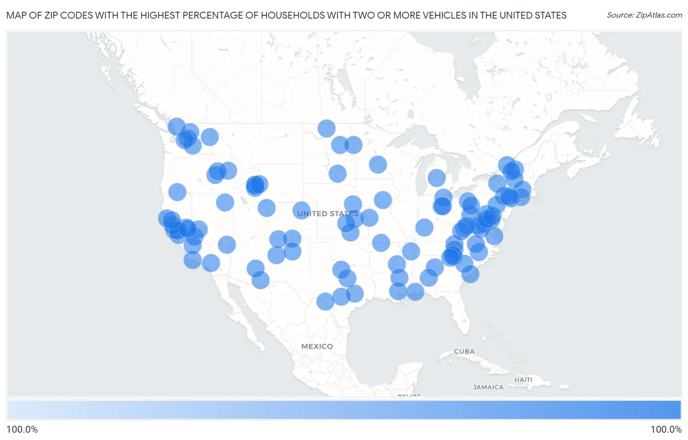 Zip Codes with the Highest Percentage of Households With Two or more Vehicles in the United States Map