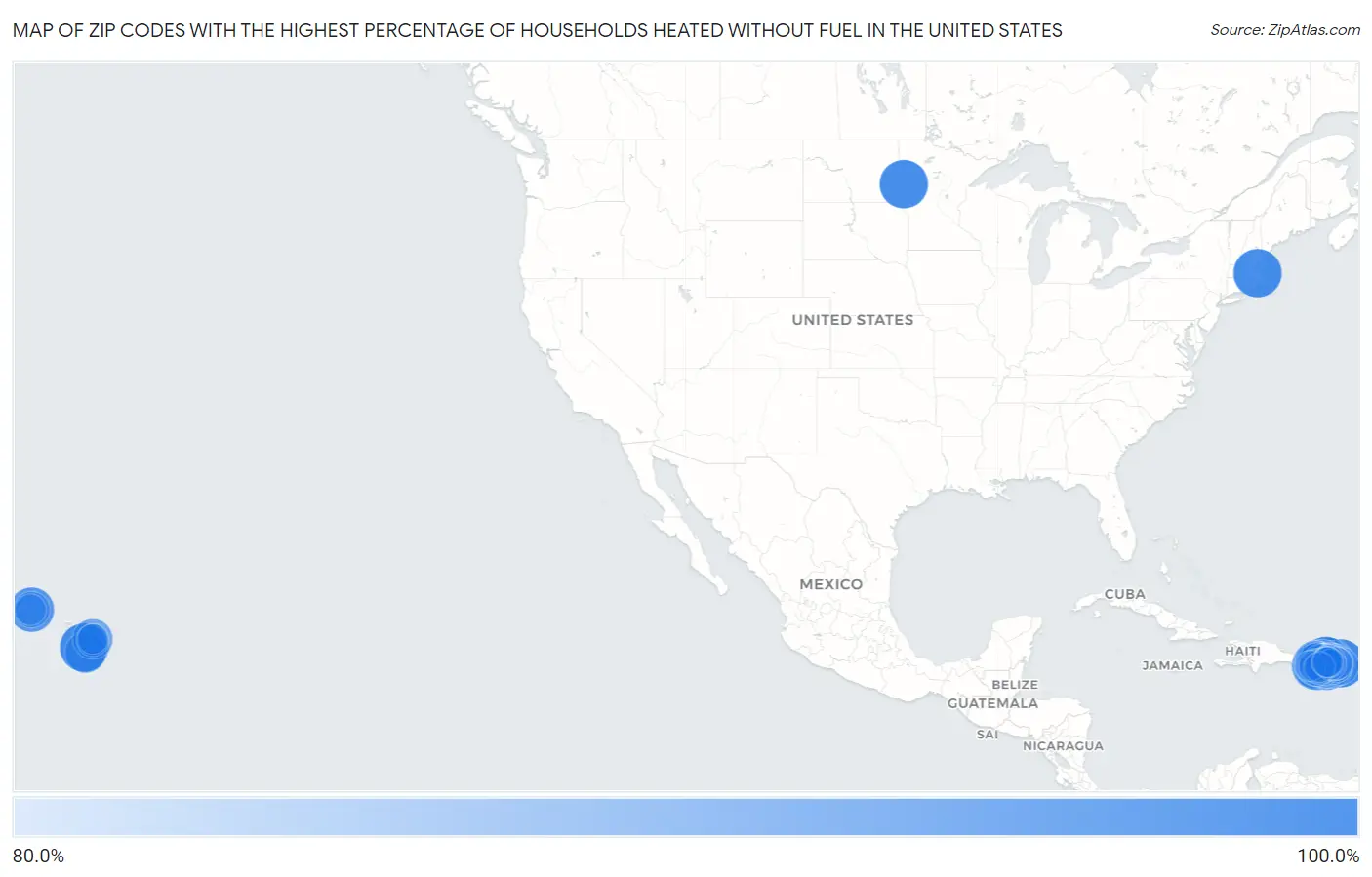 Zip Codes with the Highest Percentage of Households Heated without Fuel in the United States Map