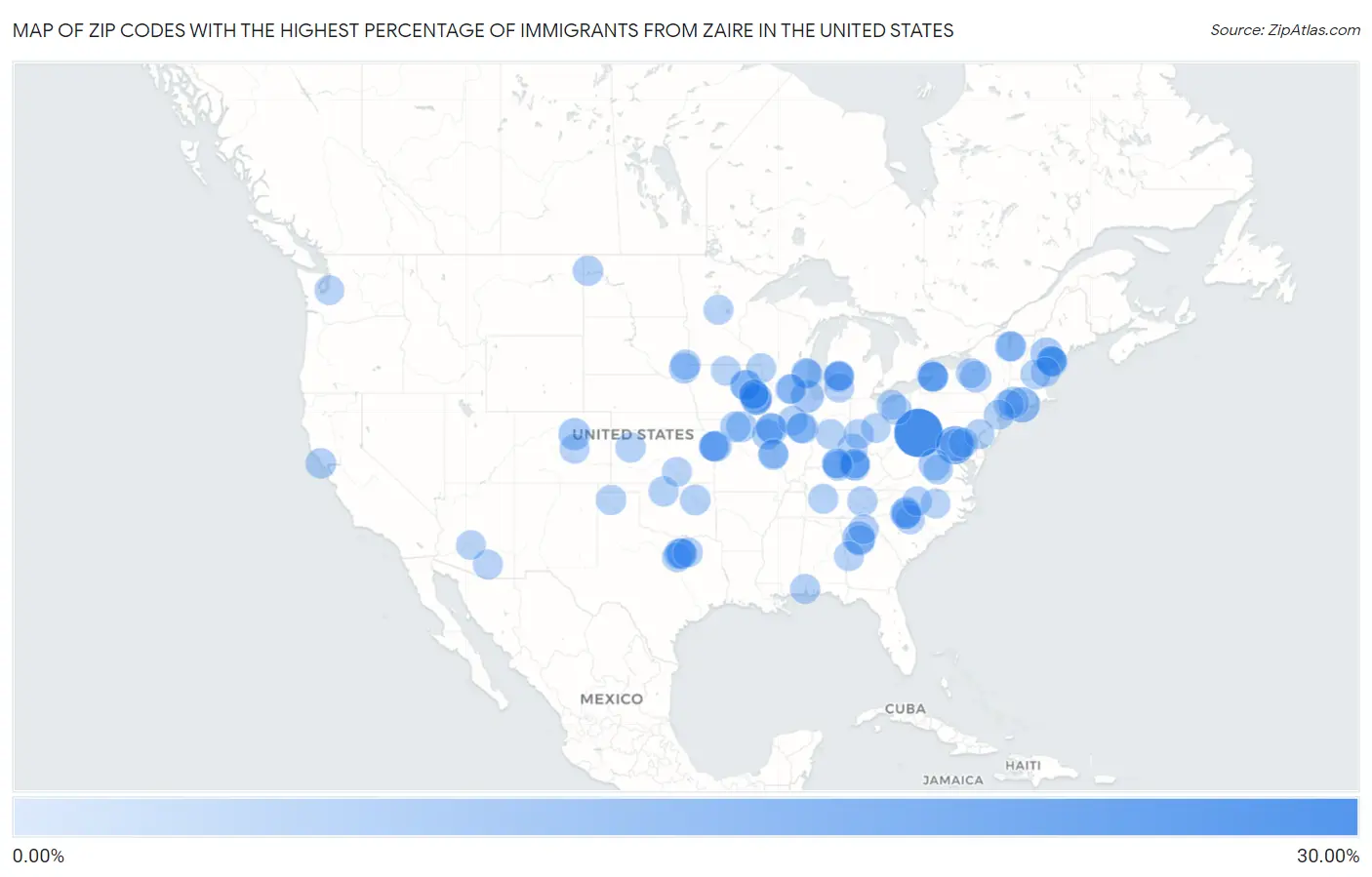 Zip Codes with the Highest Percentage of Immigrants from Zaire in the United States Map