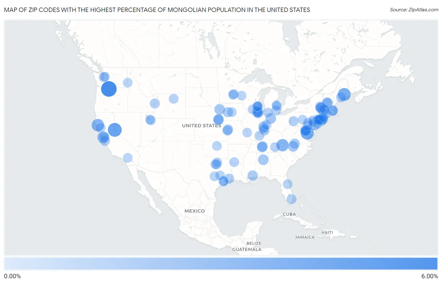 Zip Codes with the Highest Percentage of Mongolian Population in the United States Map