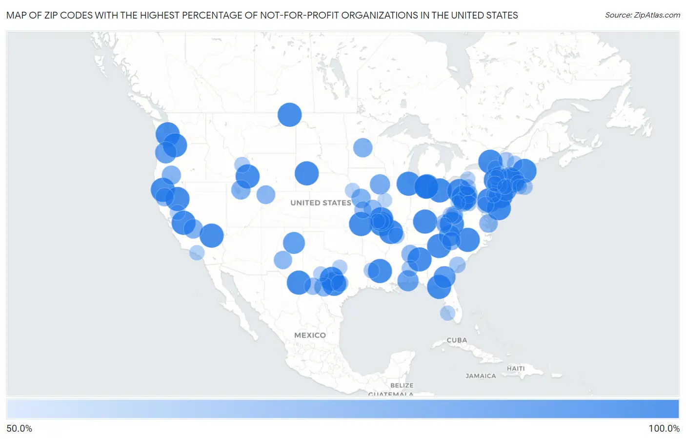 Zip Codes with the Highest Percentage of Not-for-profit Organizations in the United States Map