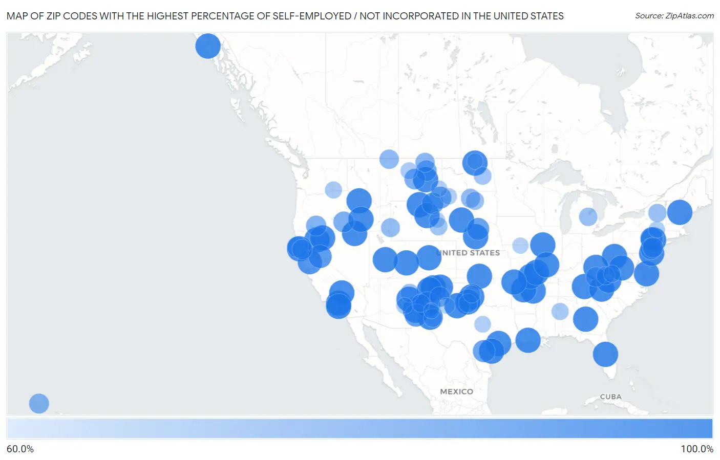 Zip Codes with the Highest Percentage of Self-Employed / Not Incorporated in the United States Map