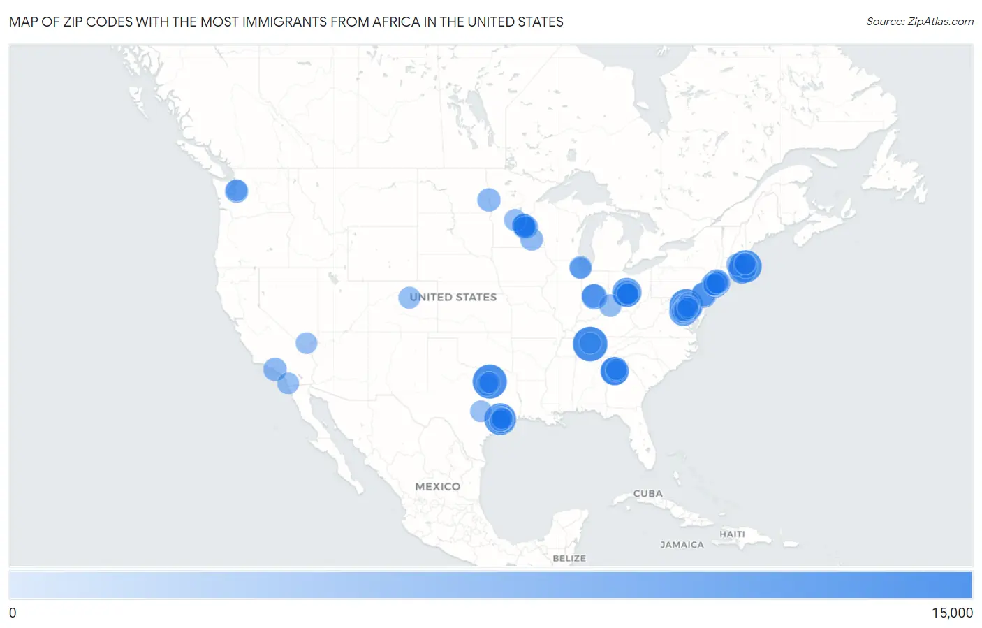 Zip Codes with the Most Immigrants from Africa in the United States Map