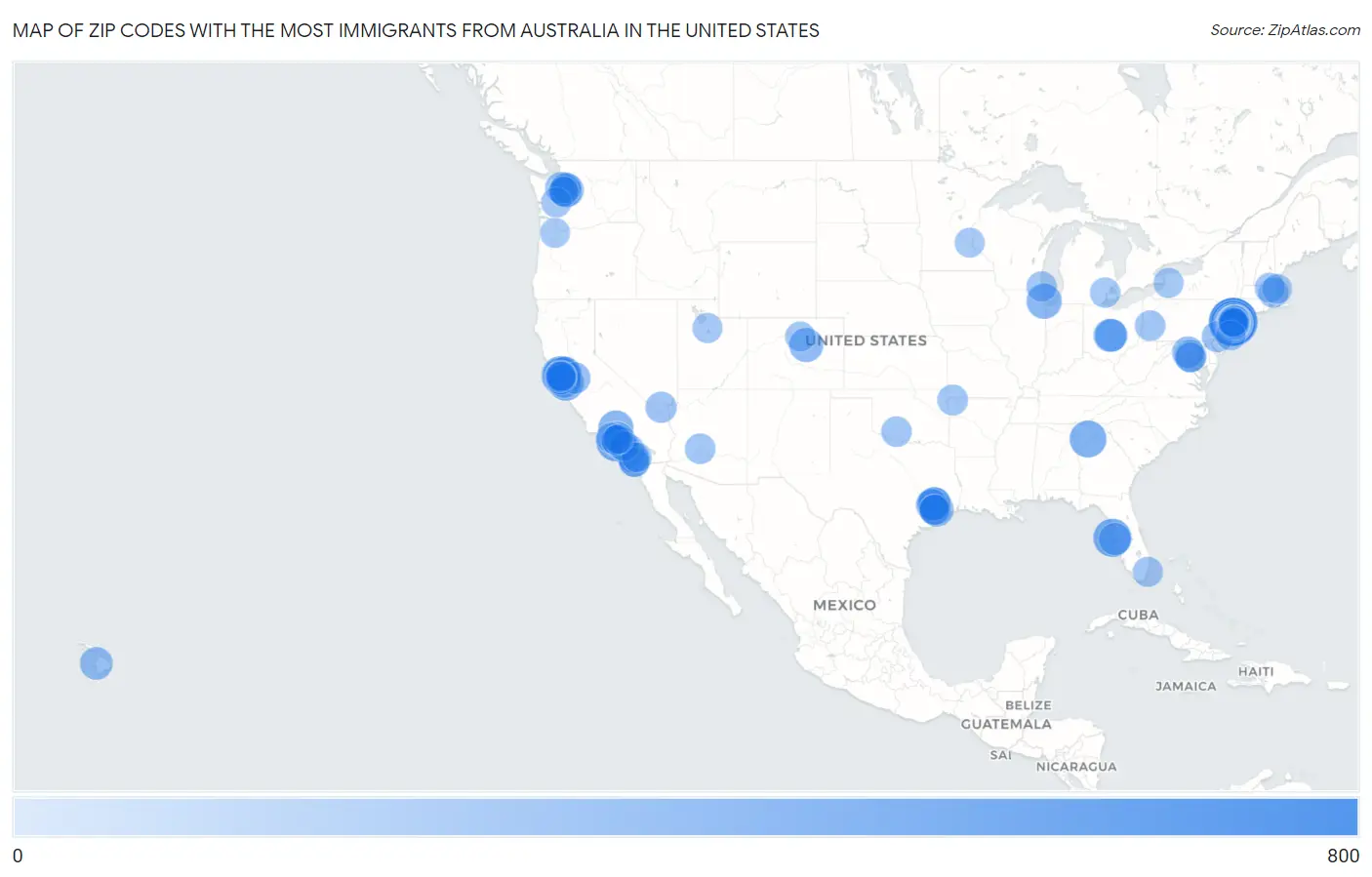 Zip Codes with the Most Immigrants from Australia in the United States Map