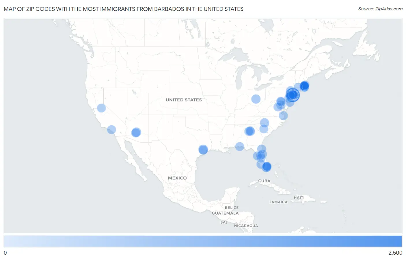 Zip Codes with the Most Immigrants from Barbados in the United States Map