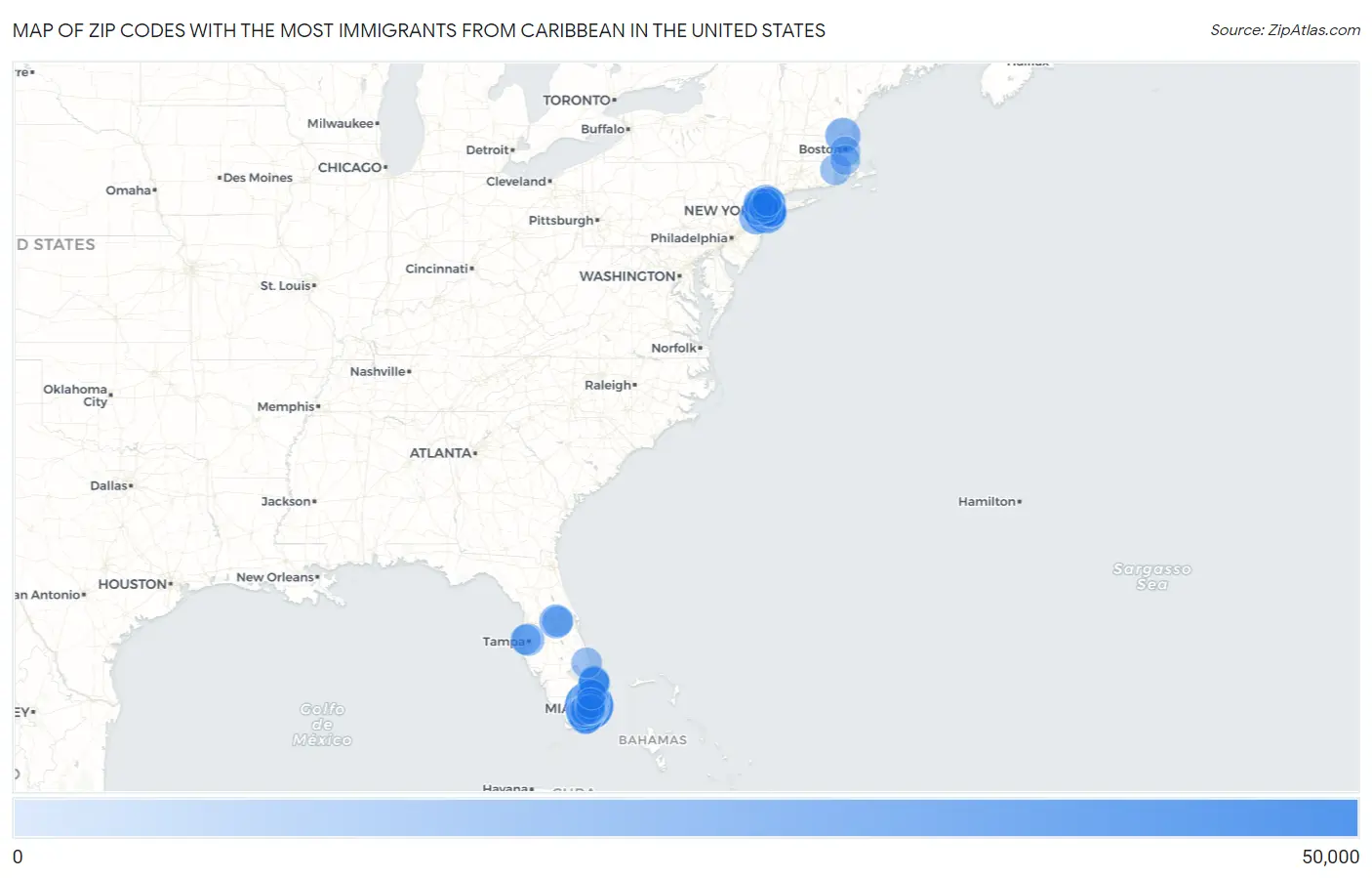 Zip Codes with the Most Immigrants from Caribbean in the United States Map